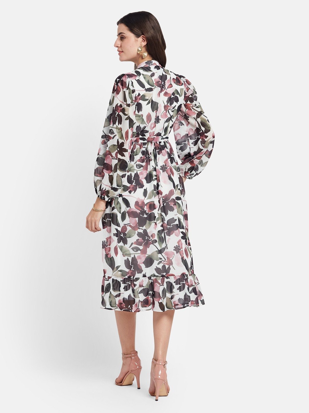 METTLE Floral Printed Mock Neck Puff Sleeves Cotton Fit & Flare Midi Dress