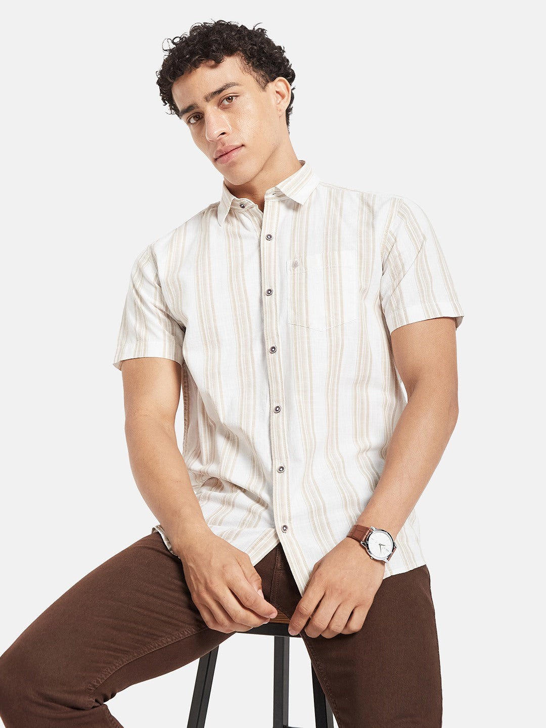 METTLE SS25 Vertical Striped Spread Collar Cotton Casual Shirt