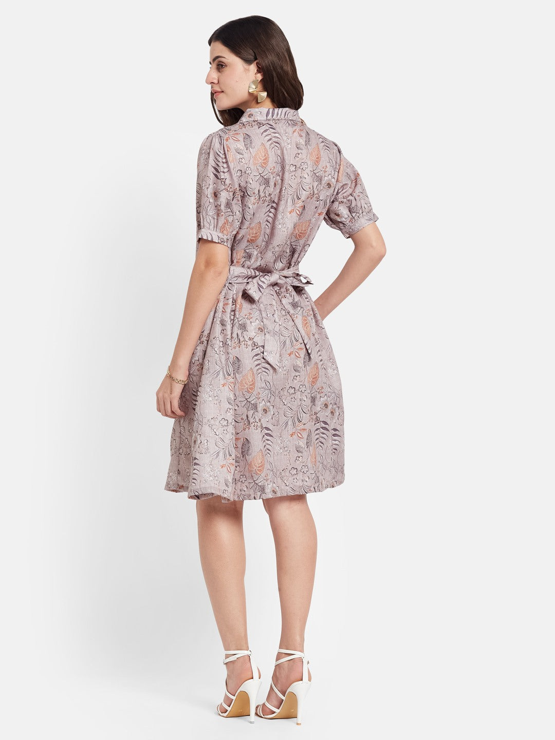 METTLE Women Floral Printed Puff Sleeves Cotton Shirt Dress