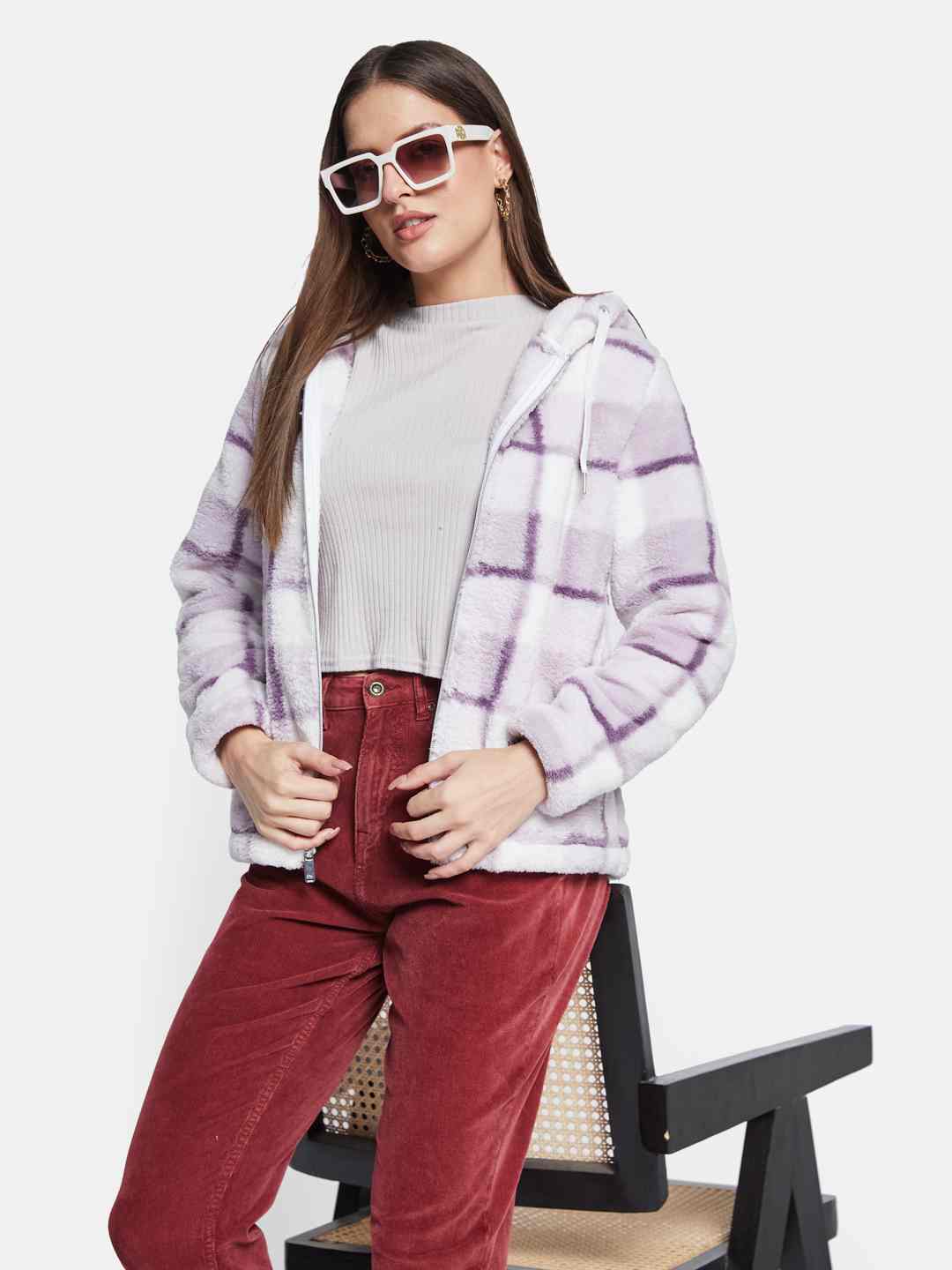 METTLE Women Checked Hooded Sweatshirt