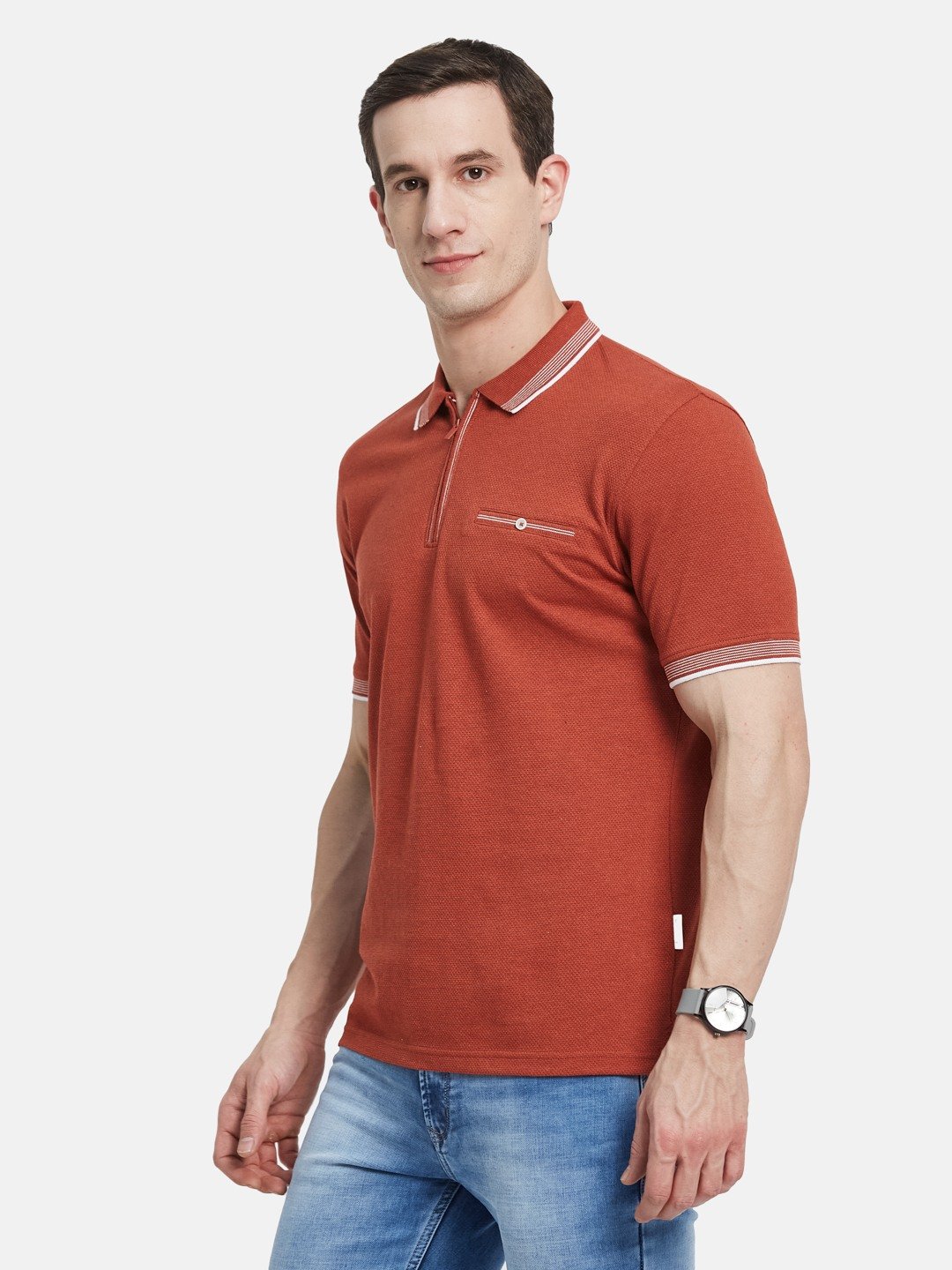 SOLID HALF-ZIP POLO NECK POPCORN KNIT T-SHIRT