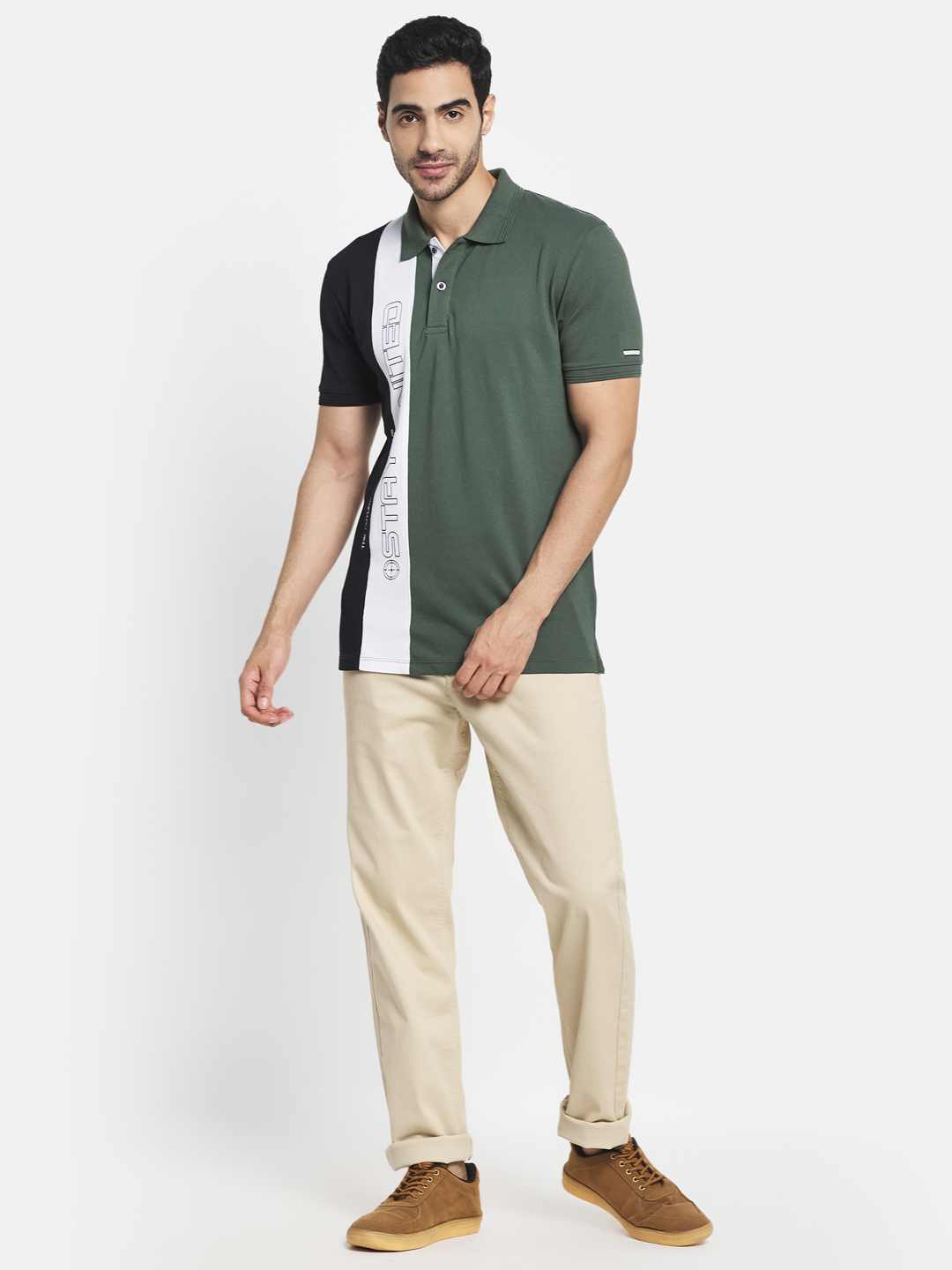 Octave Men Olive Green Colourblocked Polo Collar Applique T-Shirt