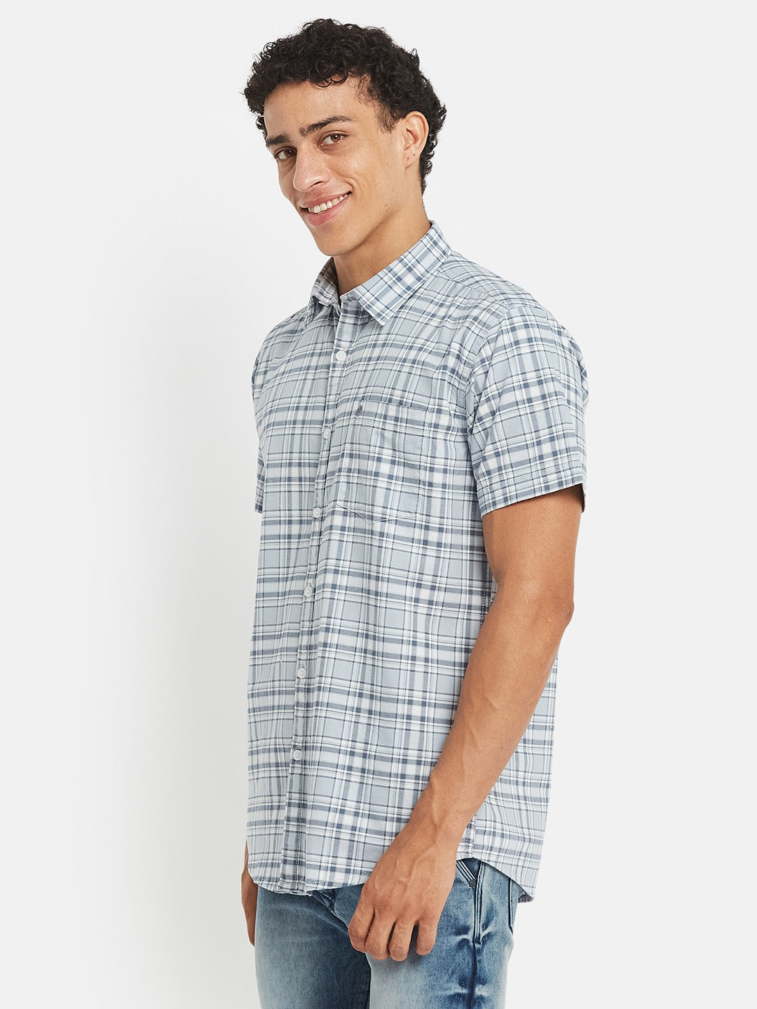 METTLE SS25 Checked Cotton Spread Collar Casual Shirt