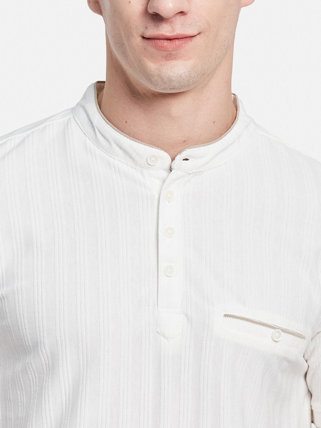 Octave Men Striped Mandarin Collar Monochrome T-shirt