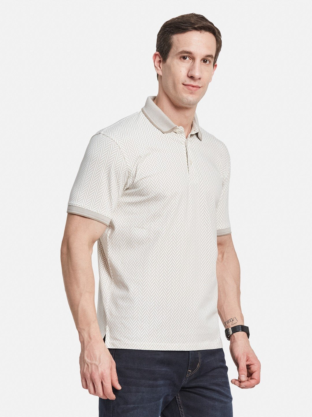 AOP MOTIF PRINT POLO NECK SINGLE JERSEY KNIT LYCRA T-SHIRT
