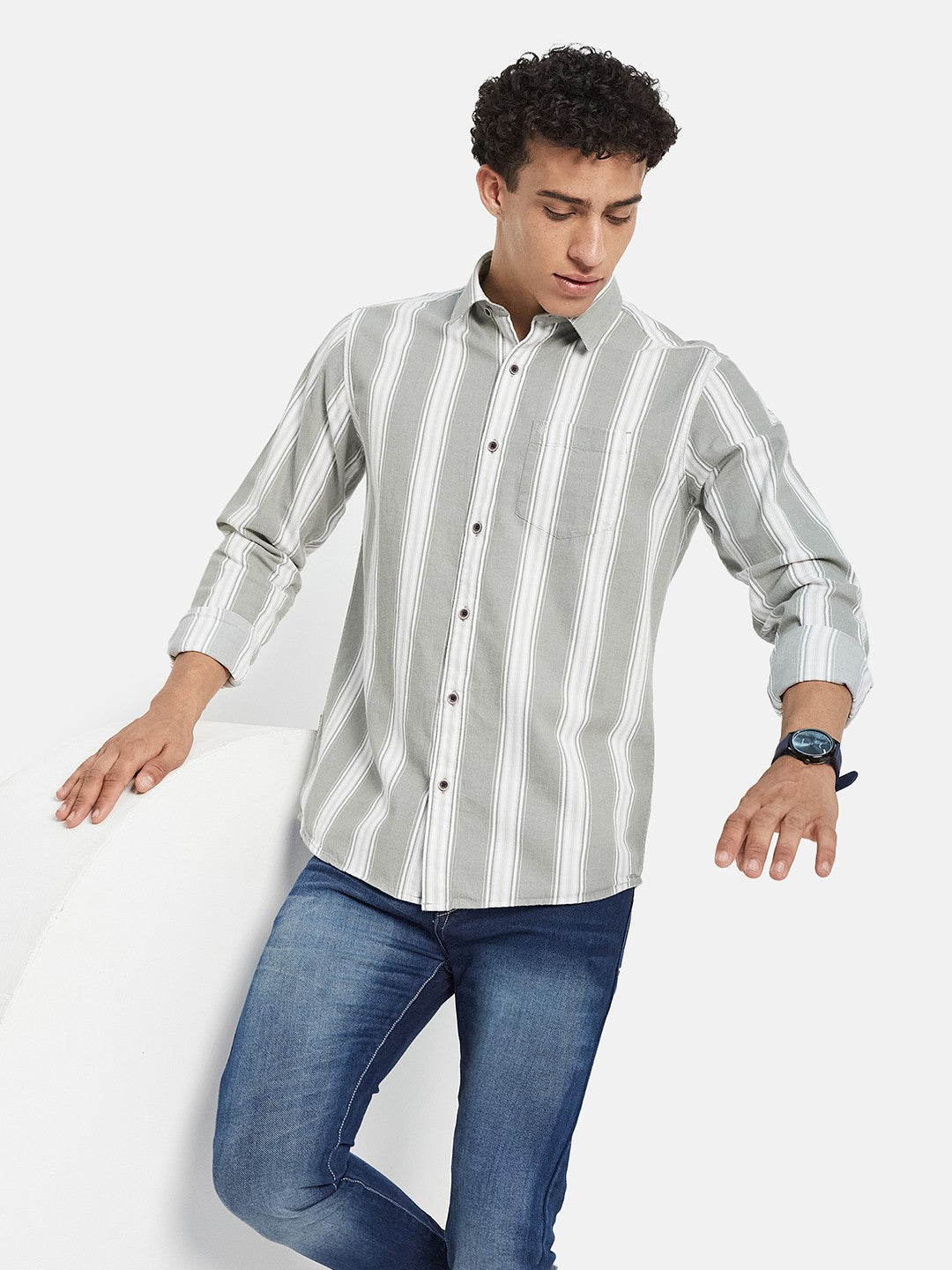 METTLE Men Vertical Striped Spread Collar Cotton Casual Shirt