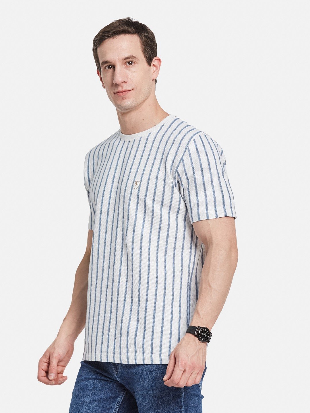 VERTICAL STRIPE ROUND NECK POPCORN KNIT  T-SHIRT