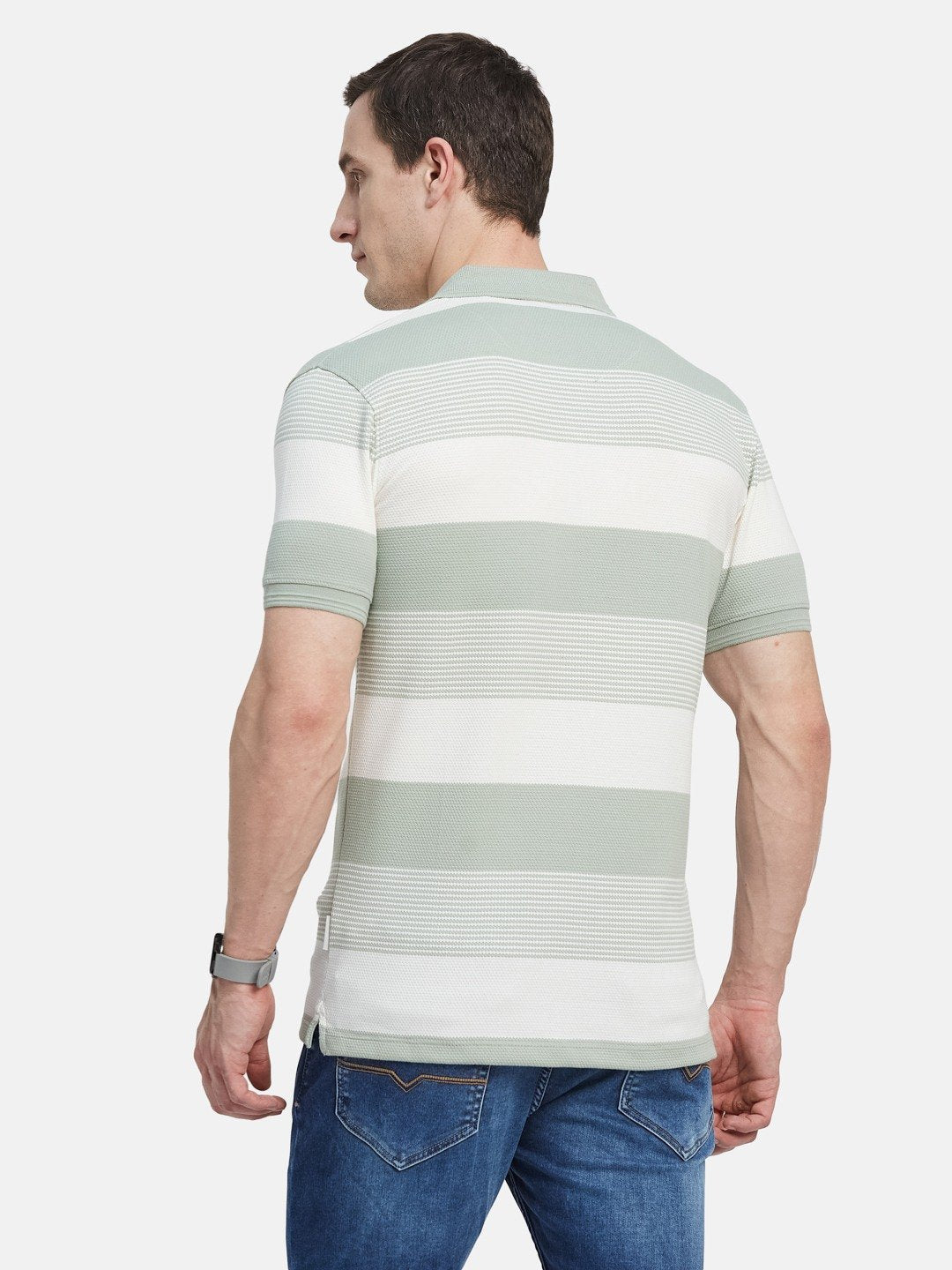 HORIZONTAL STRIPE POLO NECK POPCORN KNIT T-SHIRT