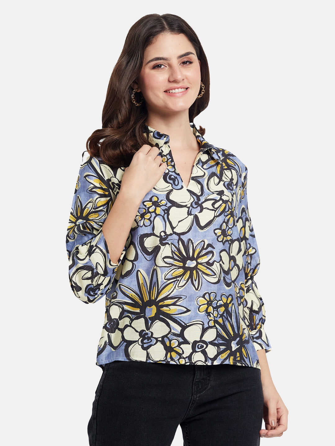 METTLE Women Floral Printed Shirt Collar Cuffed Sleeves Cotton Top