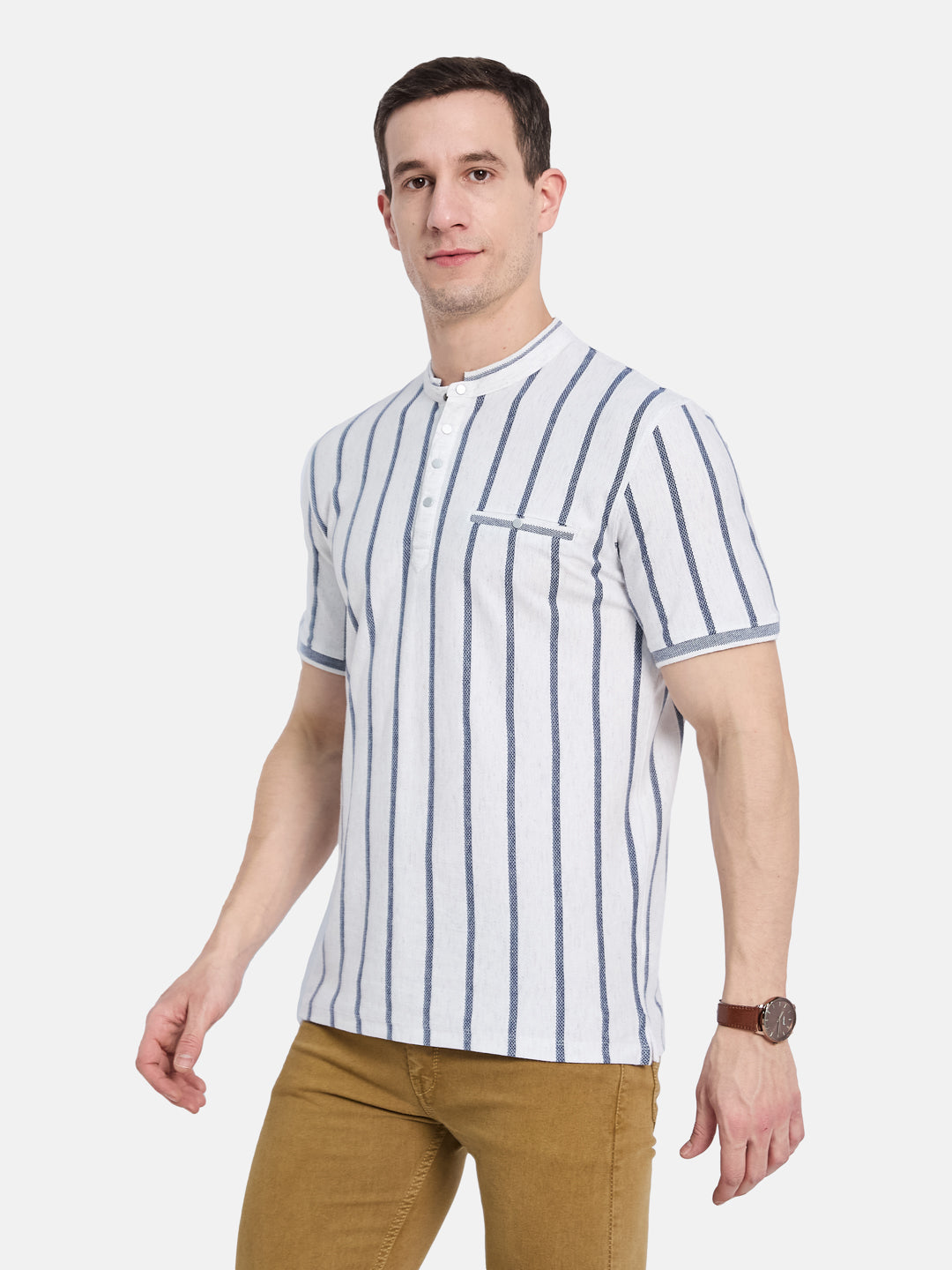 Octave Men Striped Mandarin Collar T-shirt