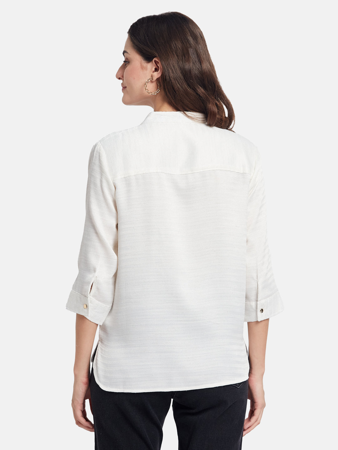 METTLE Women Solid Mandarin Collar Cotton Casual Shirt