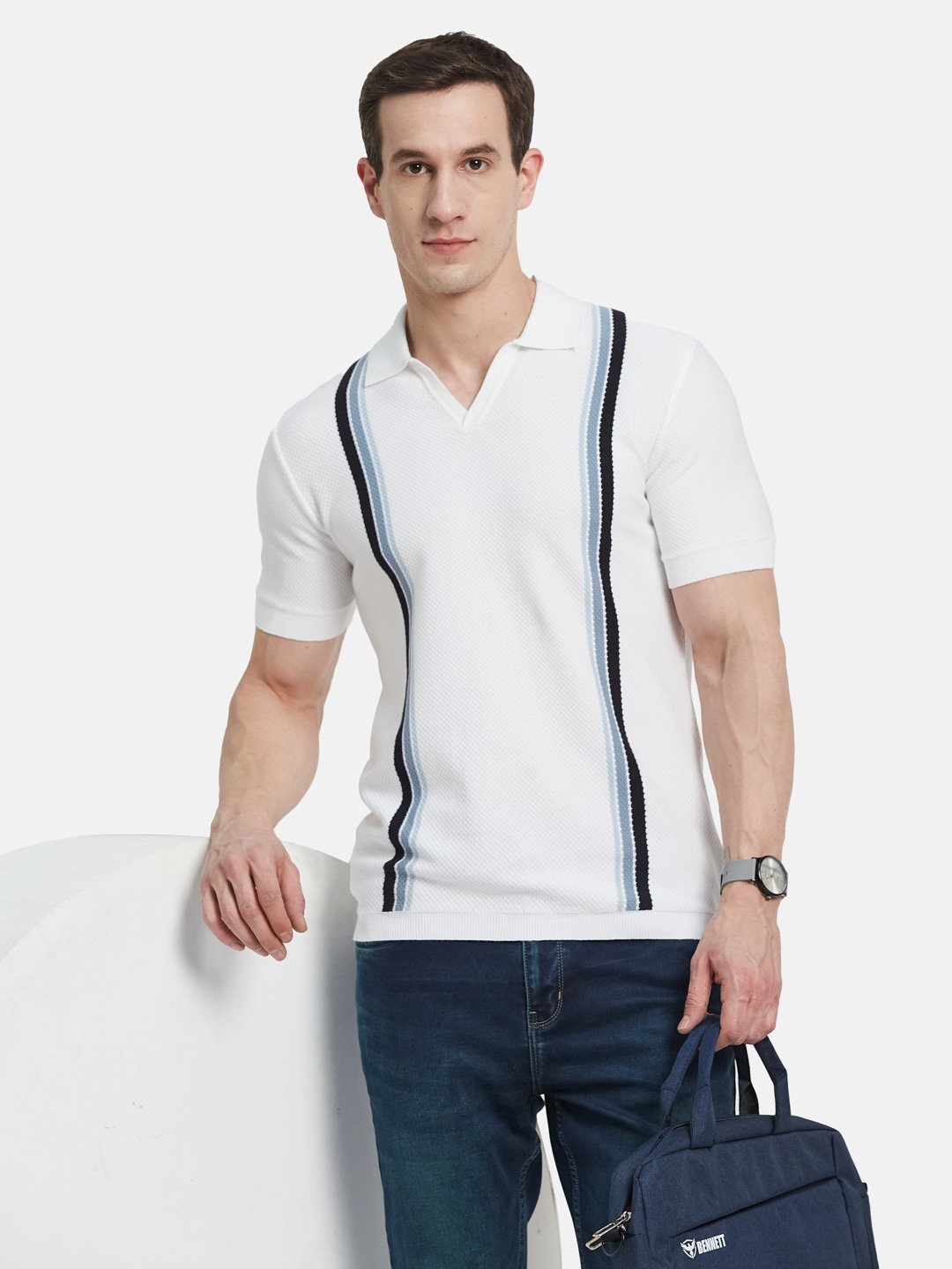 METTLE Men Striped Polo Collar Cotton T-shirt