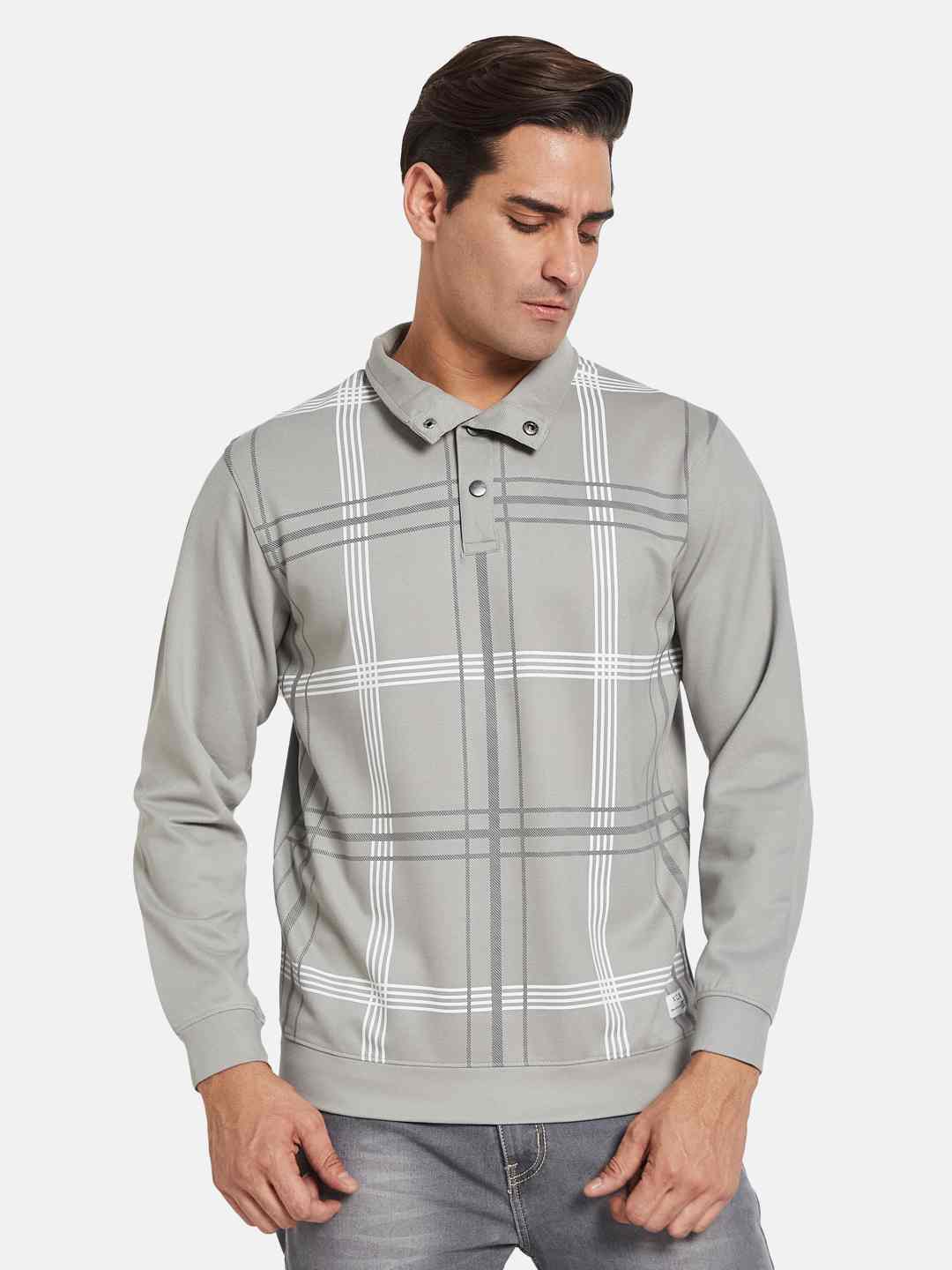 Octave Men Striped Shirt Collar Pullover Sweatshirt