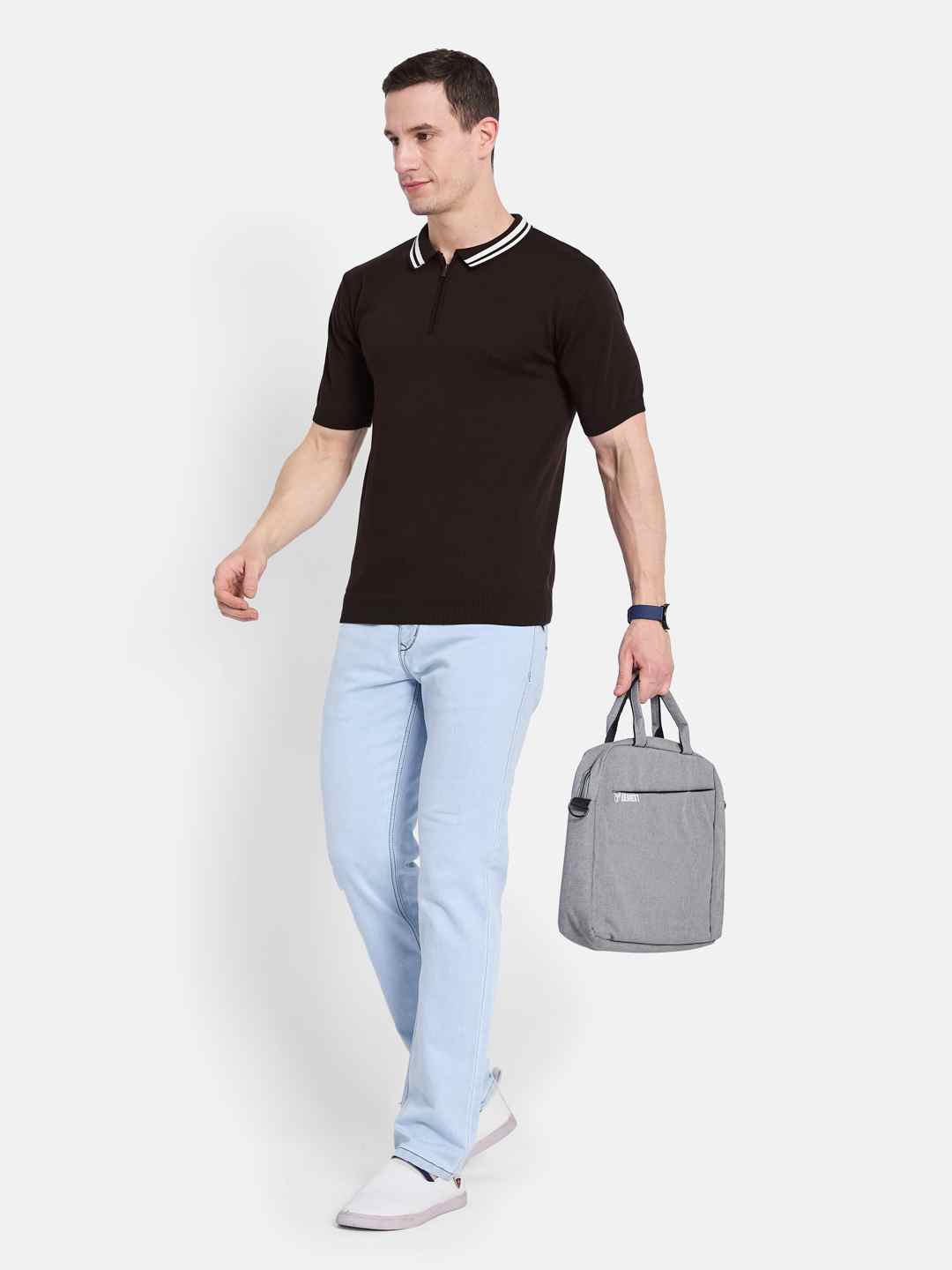 METTLE Men Polo Collar Monochrome T-shirt