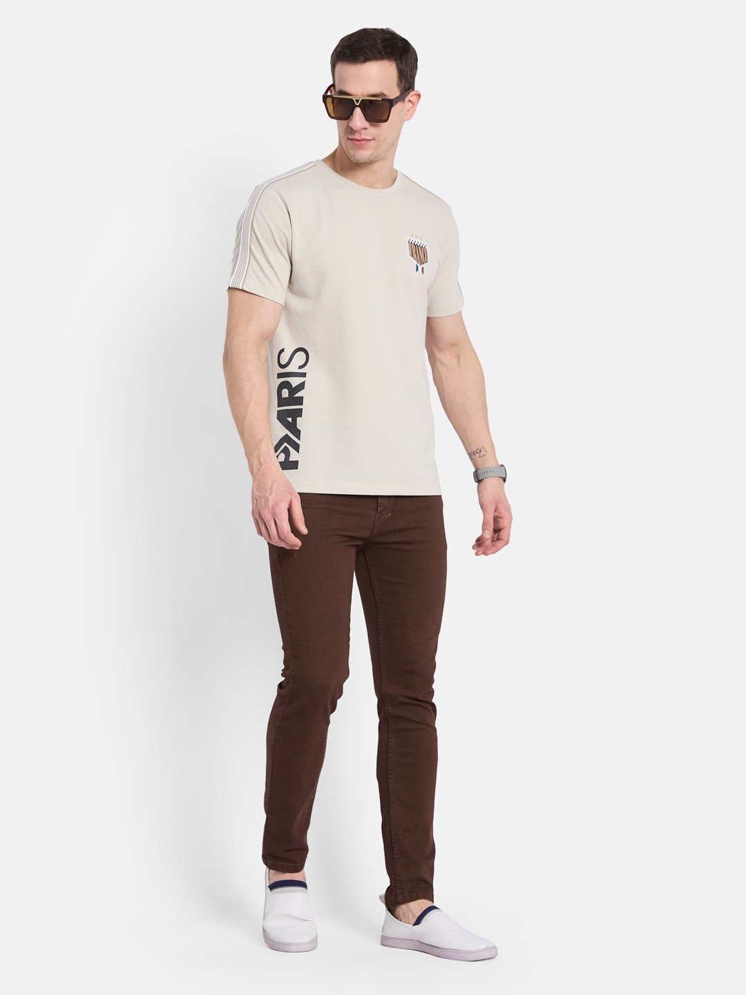 CHEST PRINT ROUND NECK POPCORN KNIT T-SHIRT