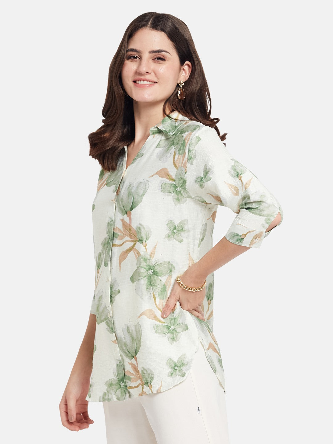 METTLE Women Floral Print Cotton Shirt Collar Shirt Style Top