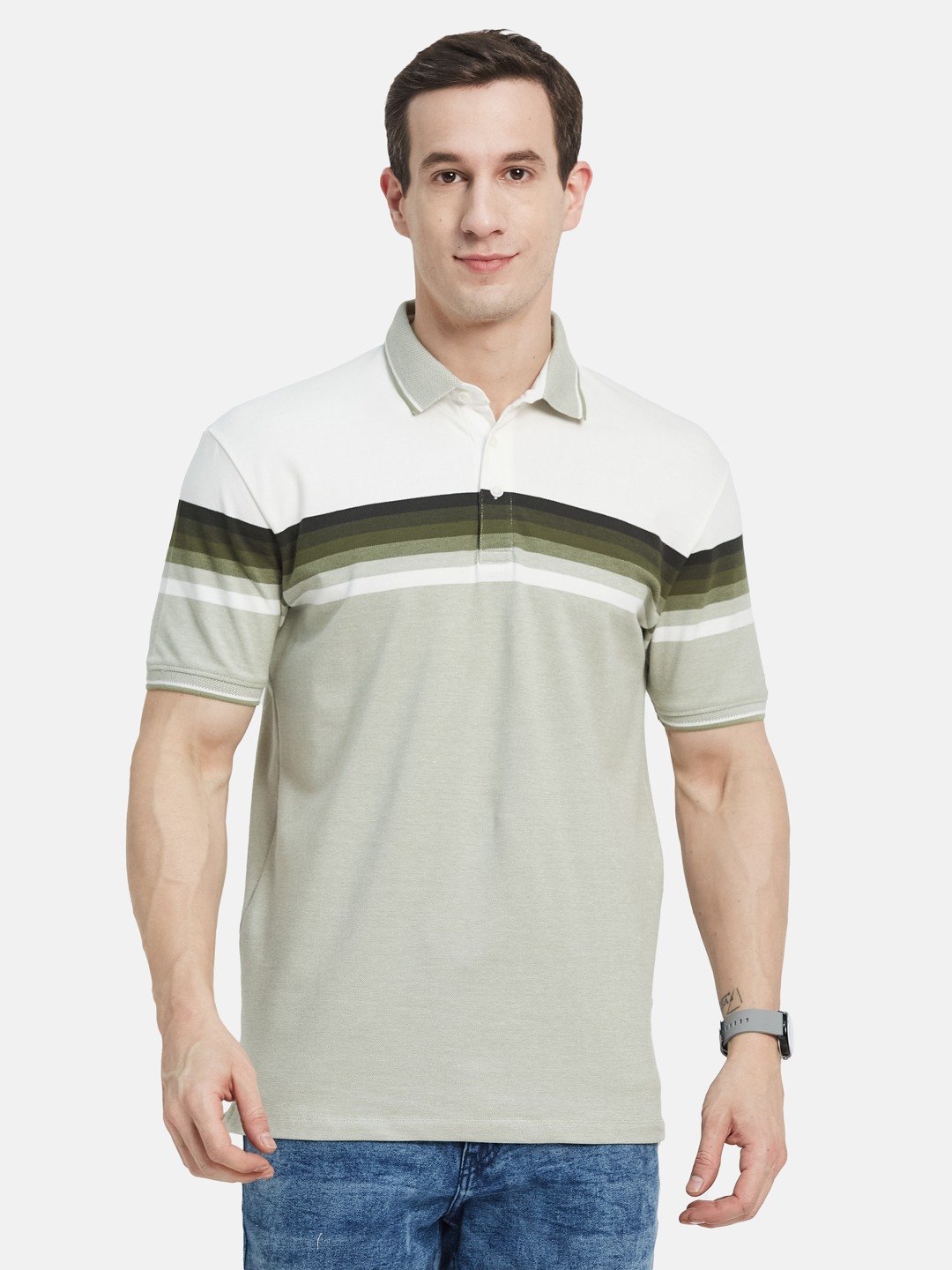 HORIZONTAL STRIPE POLO NECK PIQUE LYCRA T-SHIRT