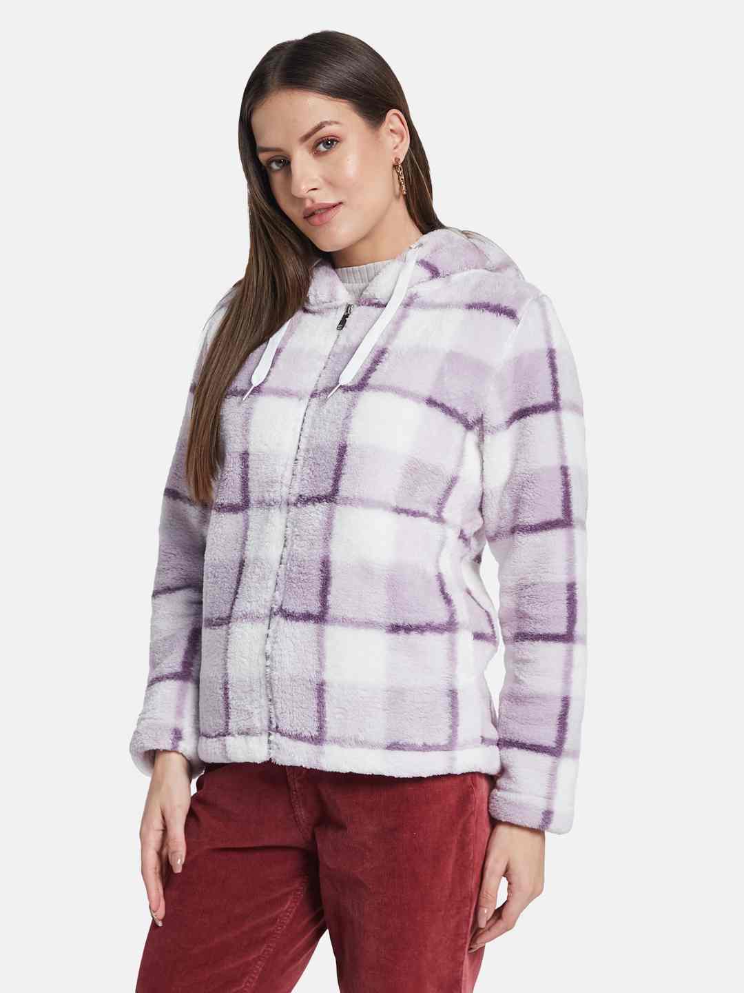 METTLE Women Checked Hooded Sweatshirt