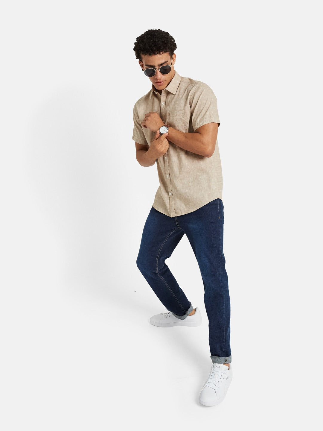 METTLE Spread Collar Short Sleeves Cotton Casual Shirt