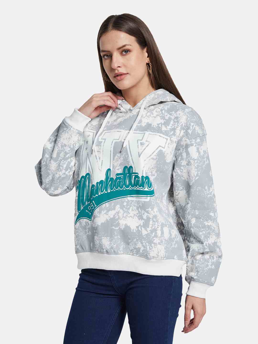 METTLE Women Printed Hooded Sweatshirt