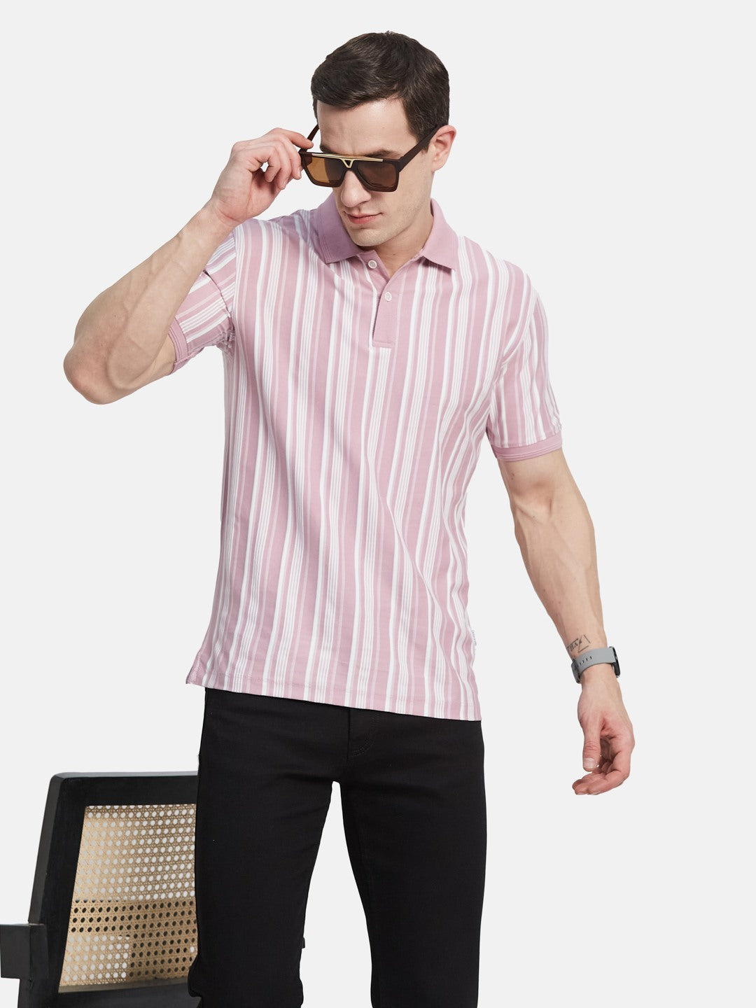 VERTICAL STRIPE POLO NECK T-SHIRT
