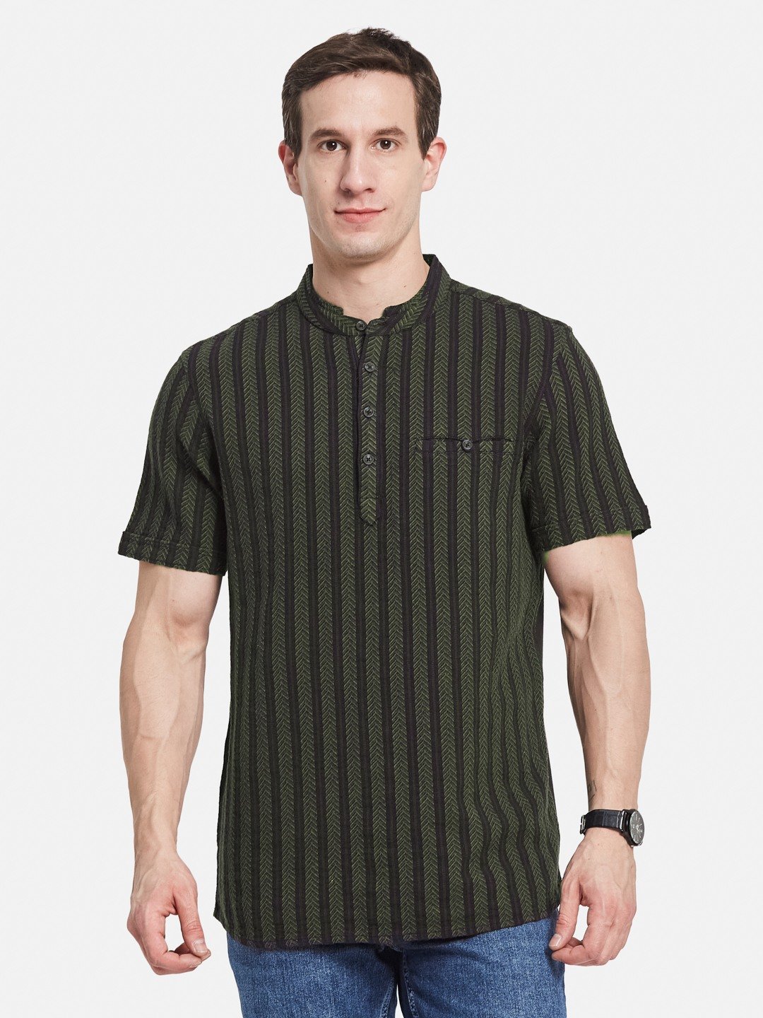 METTLE Men Striped Mandarin Collar T-shirt