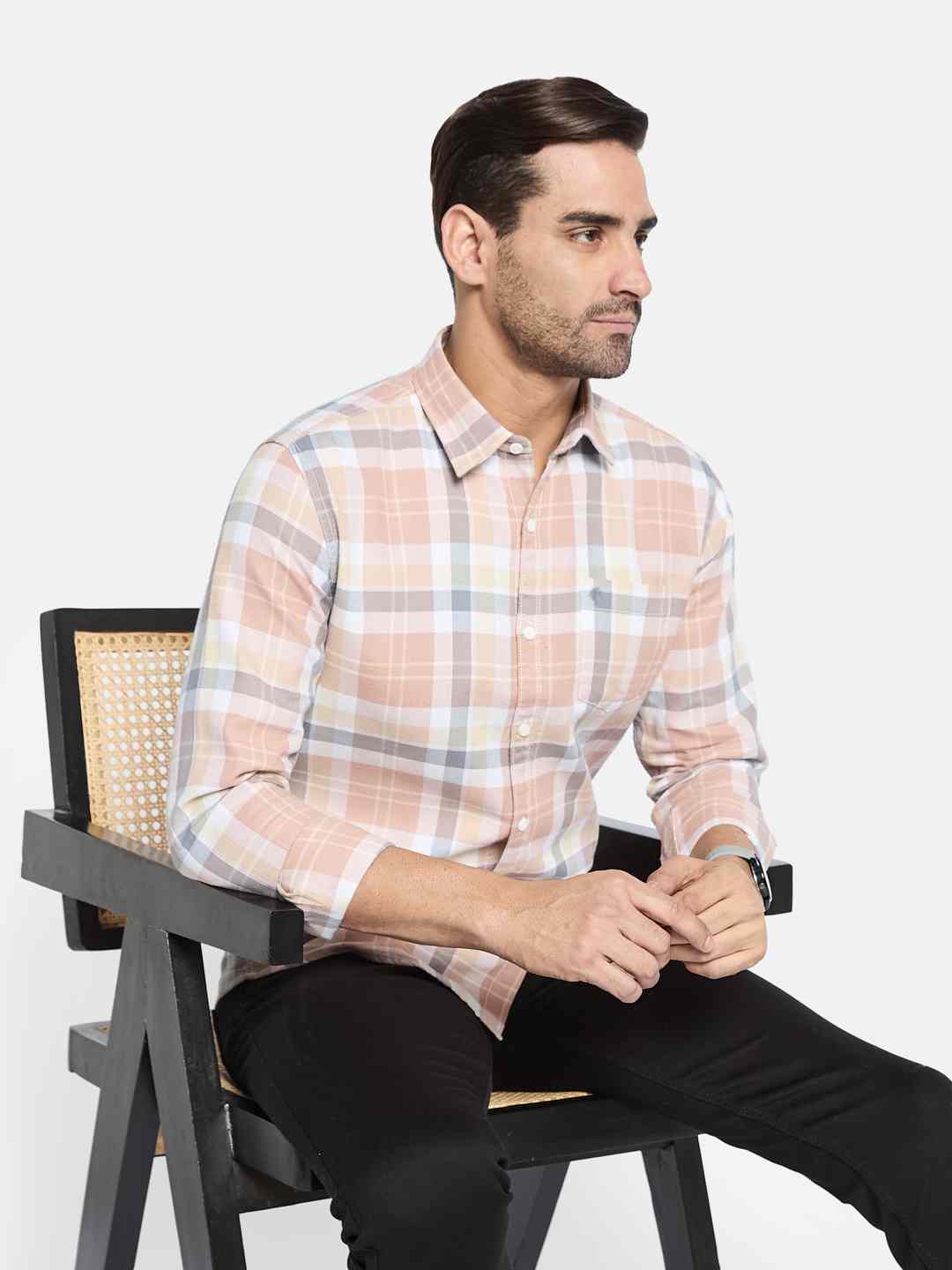 METTLE Men Spread Collar Tartan Checked Cotton Casual Shirt
