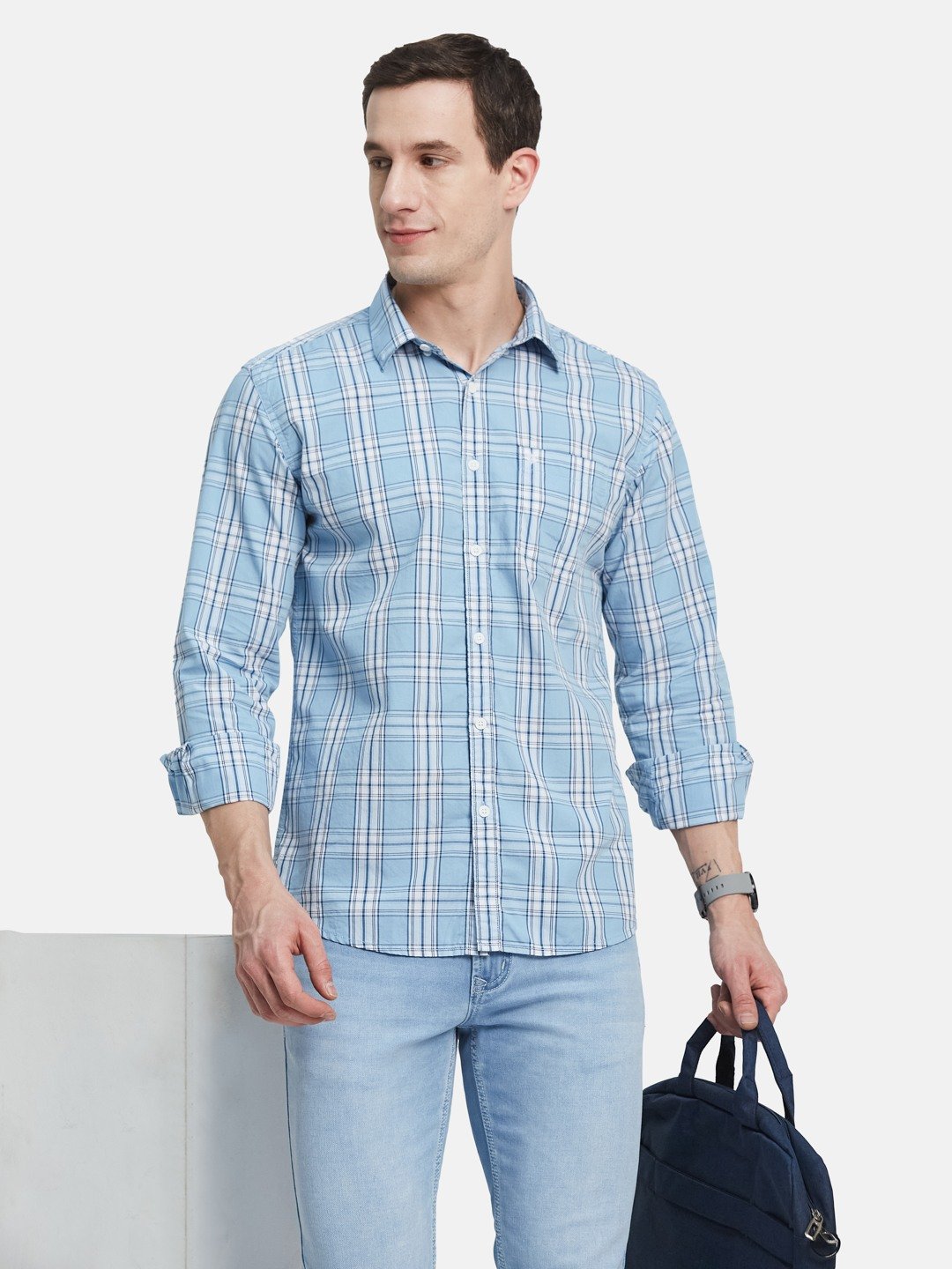 METTLE Men Spread Collar Tartan Checked Cotton Casual Shirt