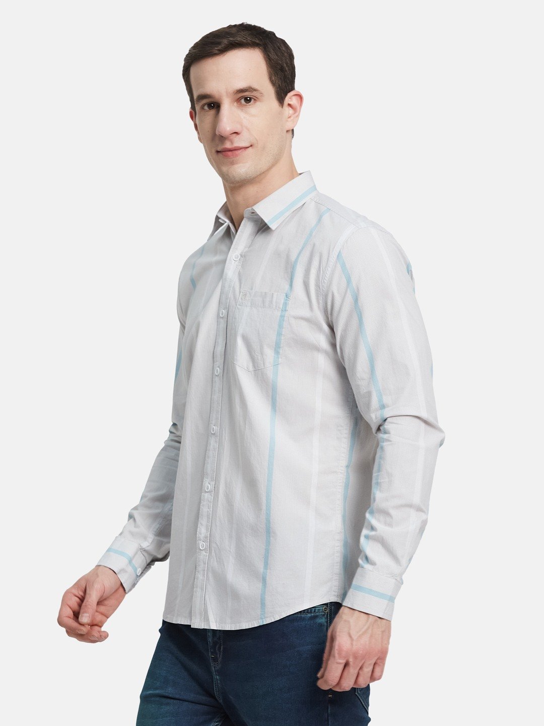 METTLE Men Spread Collar Vertical Striped Cotton Casual Shirt