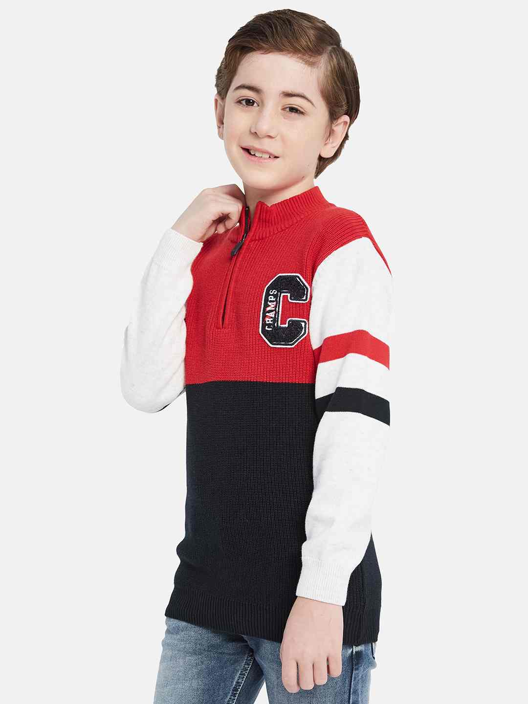 Octave Boys Colourblocked Mock Collar Cotton Pullover Sweater