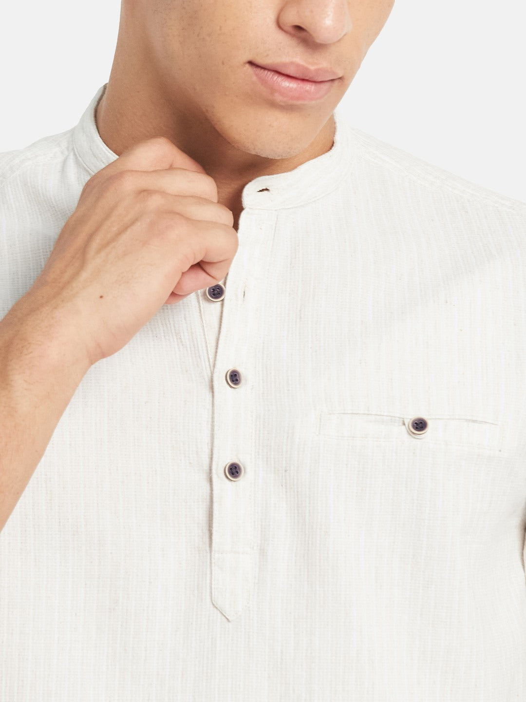 METTLE Striped Short Sleeves Mandarin Collar Cotton Opaque Regular Fit Casual Shirt