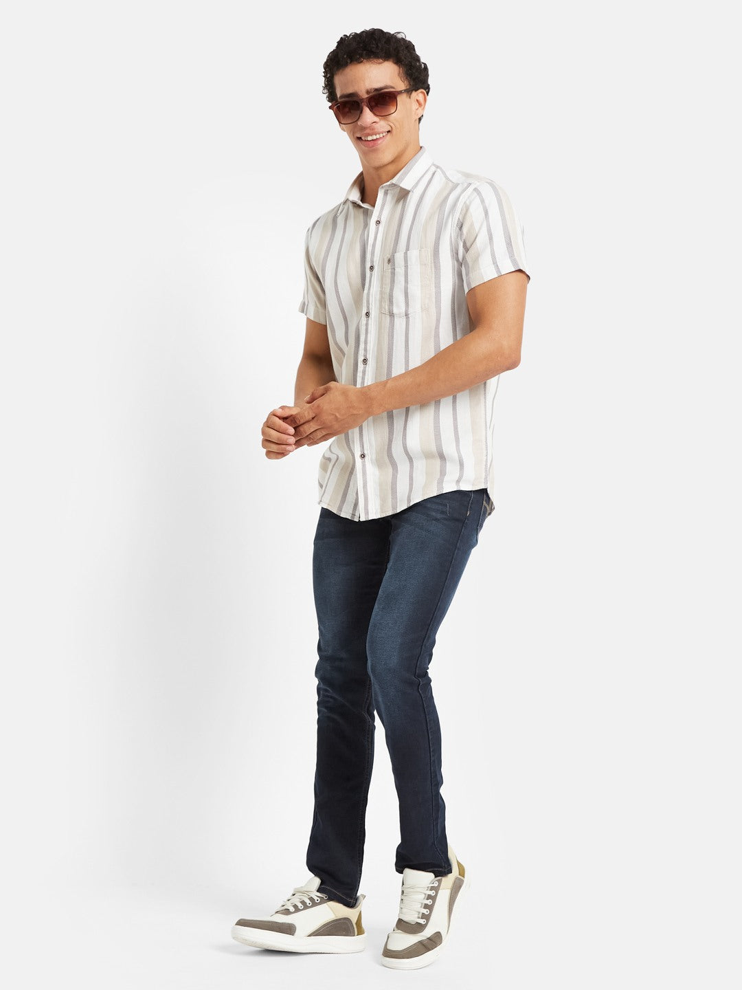 METTLE Striped Short Sleeves Spread Collar Cotton Opaque Regular Fit Casual Shirt