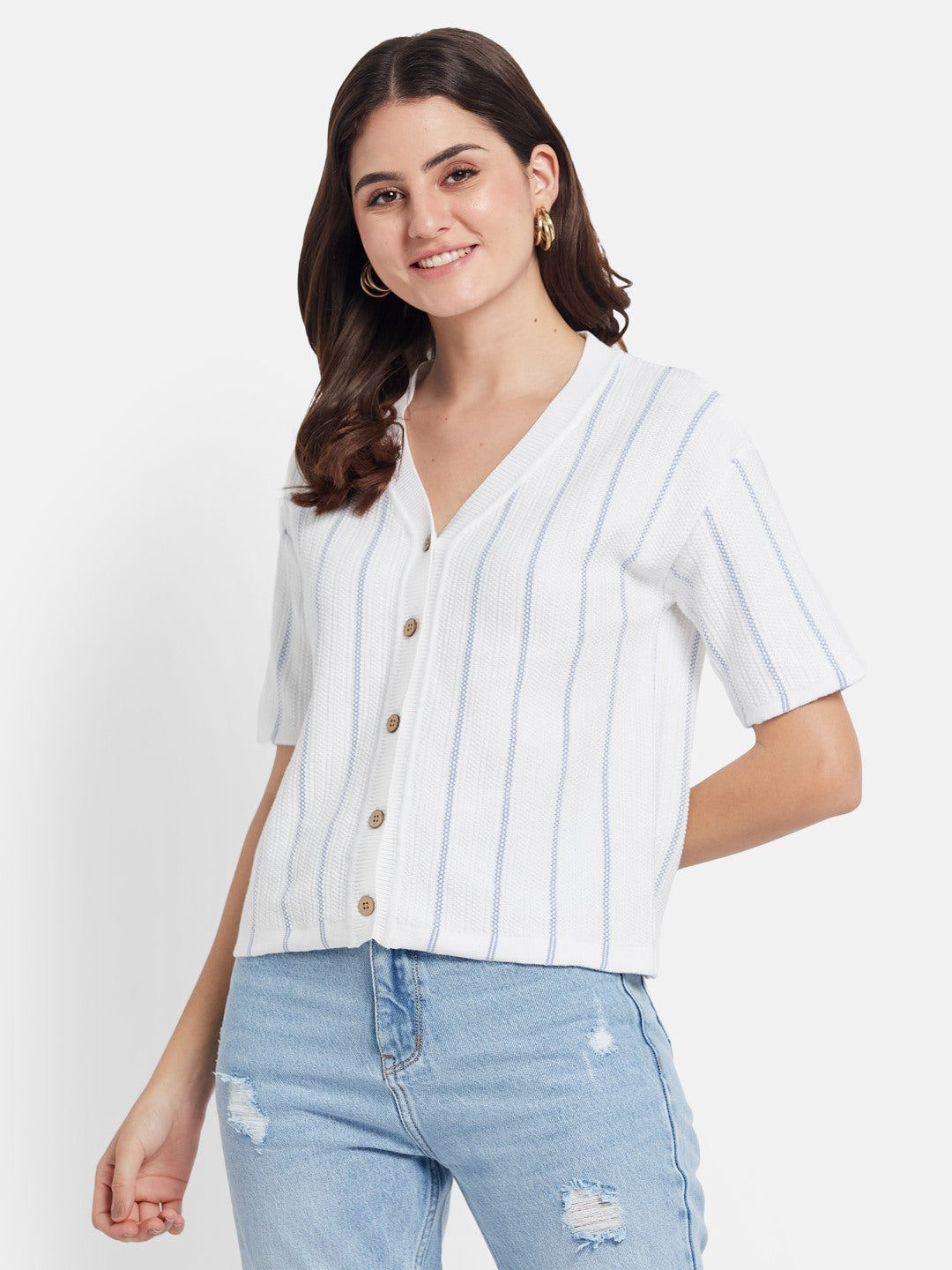 METTLE Striped V-Neck Cotton T-shirt