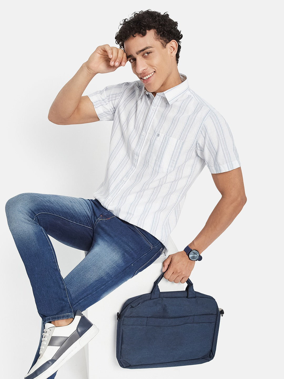 METTLE Striped Short Sleeves Spread Collar Cotton Opaque Regular Fit Casual Shirt