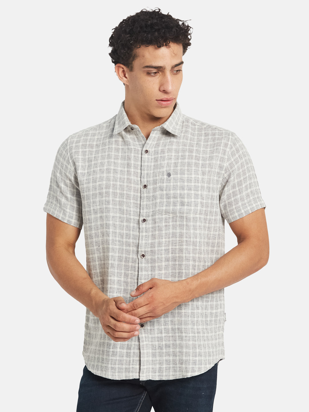 METTLE Men Textured Spread Collar Cotton Casual Shirt