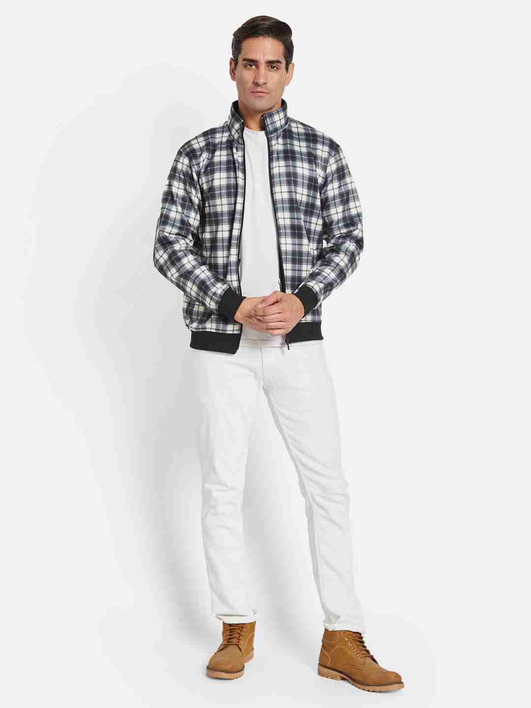 Octave Men Checked Mandarin Collar Front-Open Sweatshirt