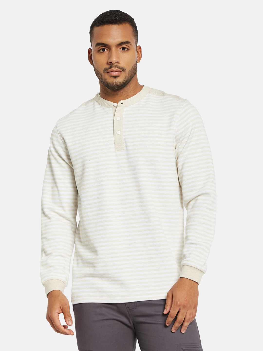 METTLE Men Striped Mandarin Collar Pockets T-shirt