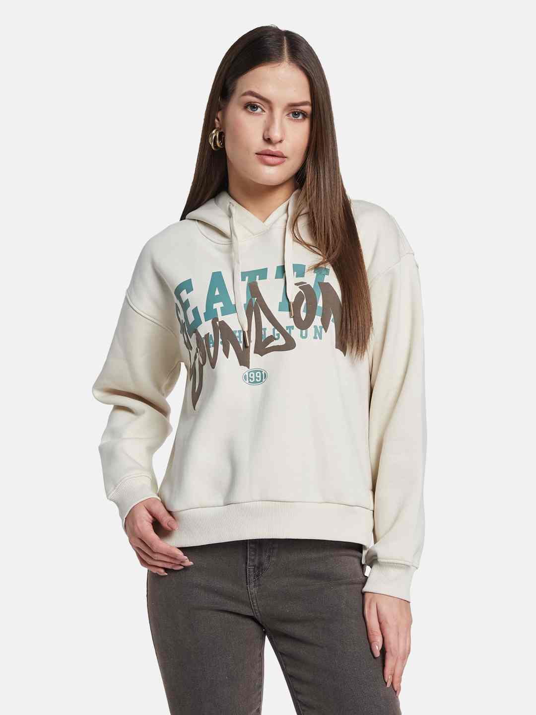 METTLE Women Printed Hooded Sweatshirt