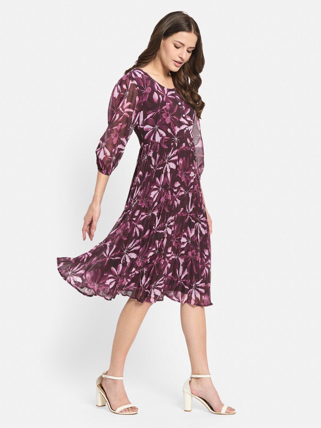 METTLE Women Floral Print Puff Sleeve Accordion Pleats Midi Fit & Flare Dress