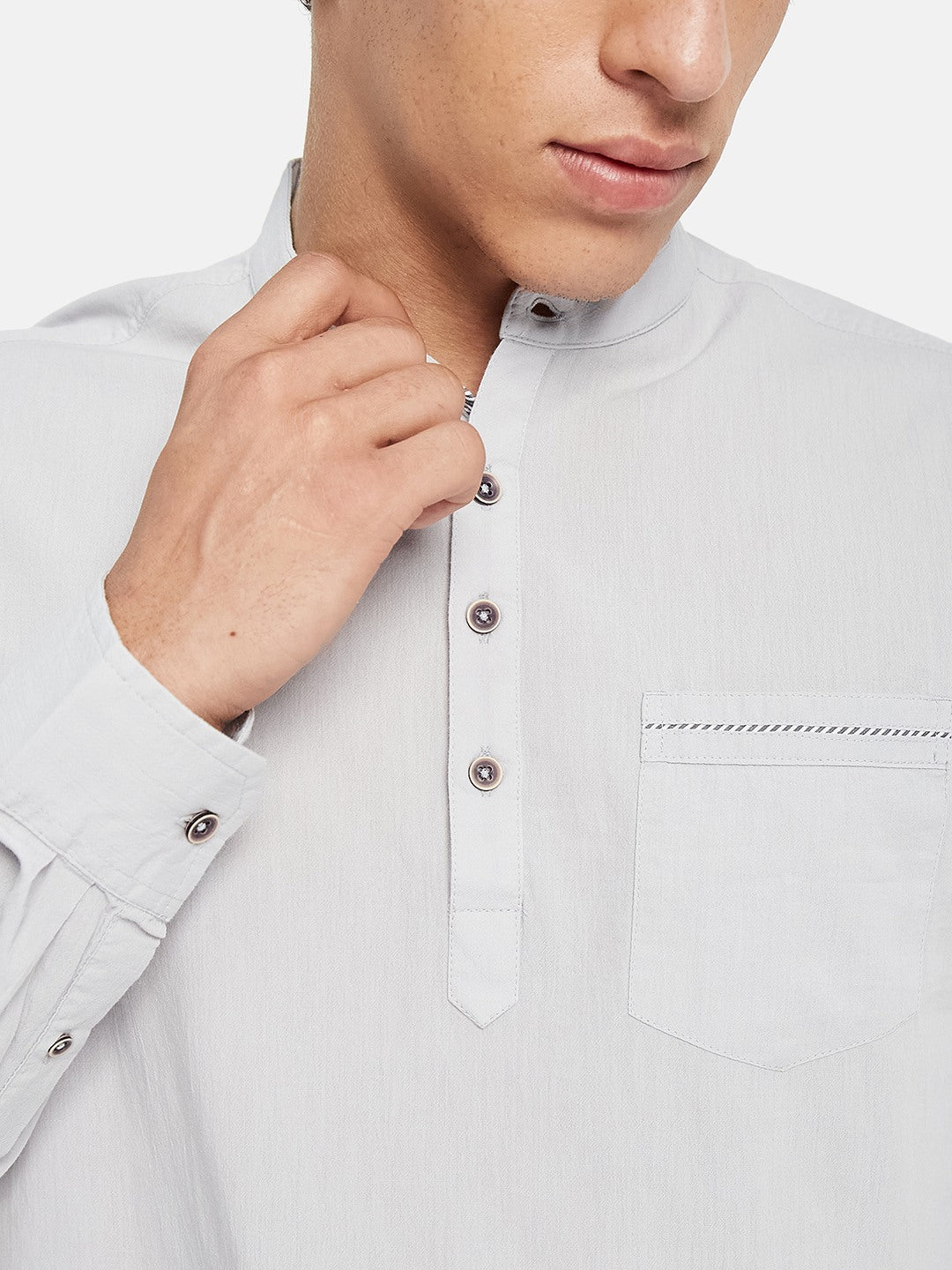 METTLE Long Sleeves Mandarin Collar Cotton Opaque Regular Fit Casual Shirt
