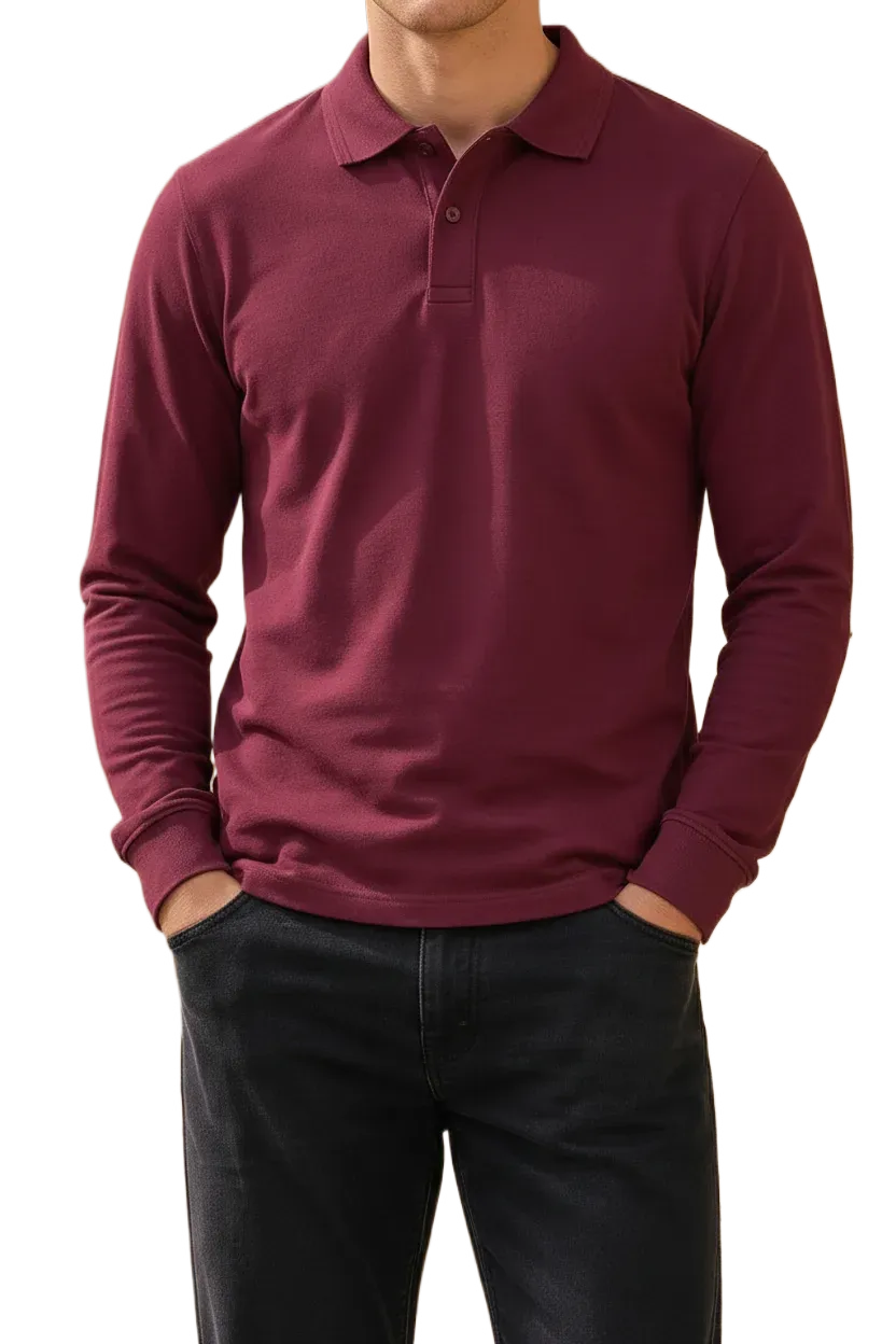 Men’s Merlot Pique Lycra Polo Neck Full-Sleeve Winter T-Shirt