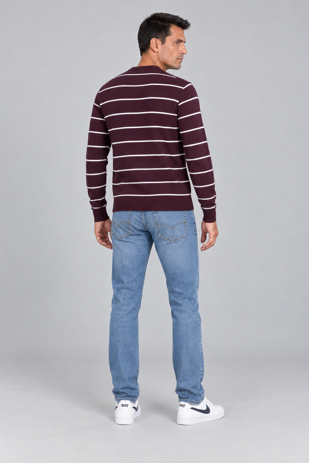 Men’s Dark Wine Cotton Striped Sweater – Regular Fit Crew Neck Full Sleeve Knitted Pullover