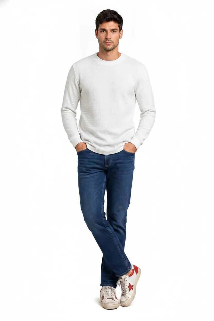 Men’s Off White Crew Neck Sweatshirt in Brushed Seersucker Fabric |
