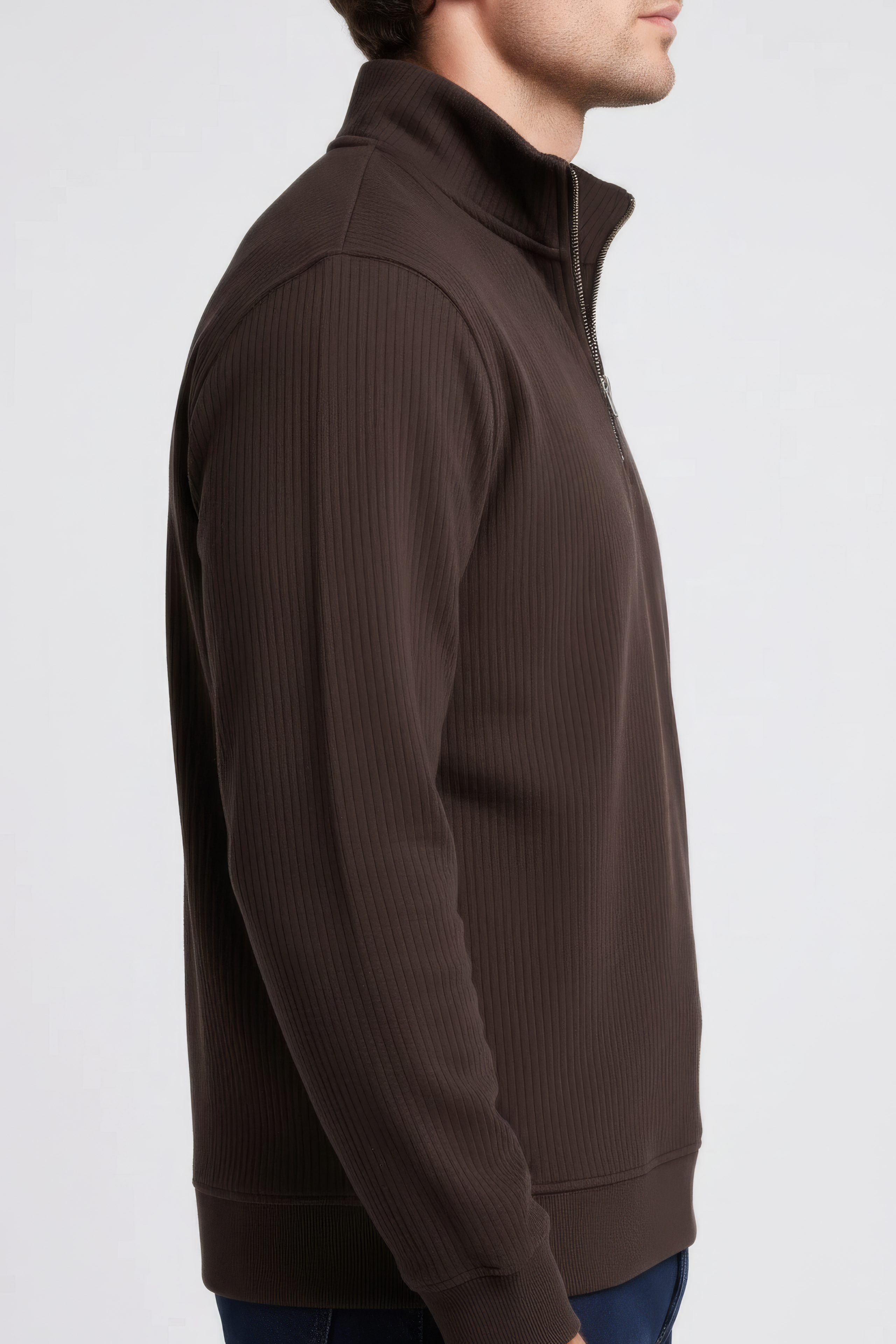 Men’s Espresso Brushed Seersucker Half Zip Sweatshirt with Standing Collar