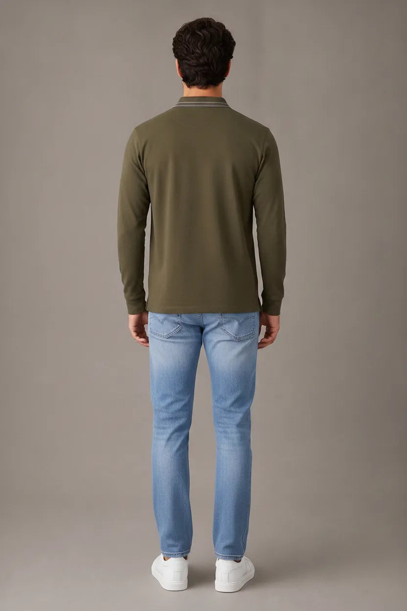 Men's Tan Full Sleeve Cotton Waffle Knit Polo T-Shirt | Textured