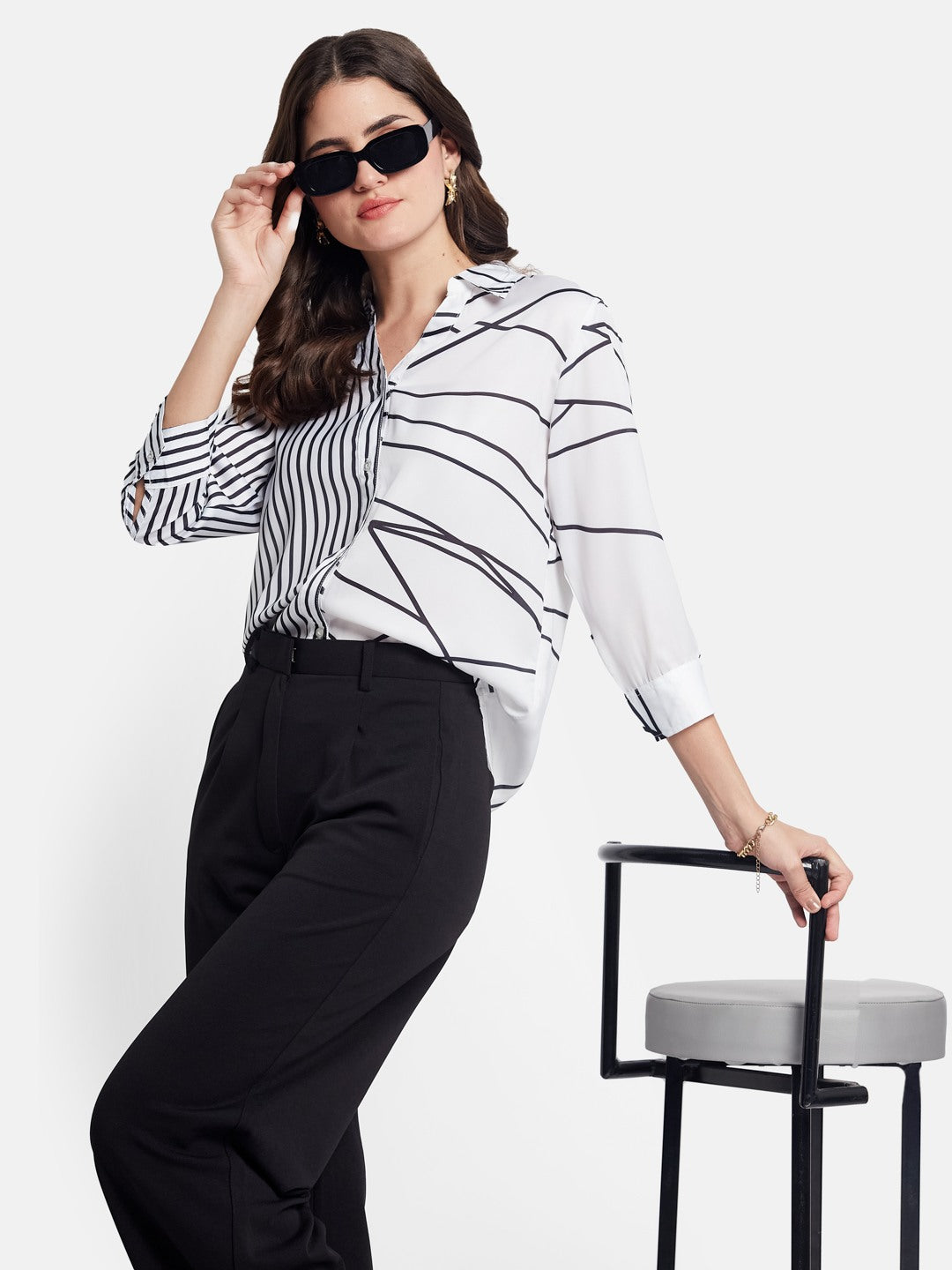 METTLE Women Multi Striped Spread Collar Cotton Casual Shirt