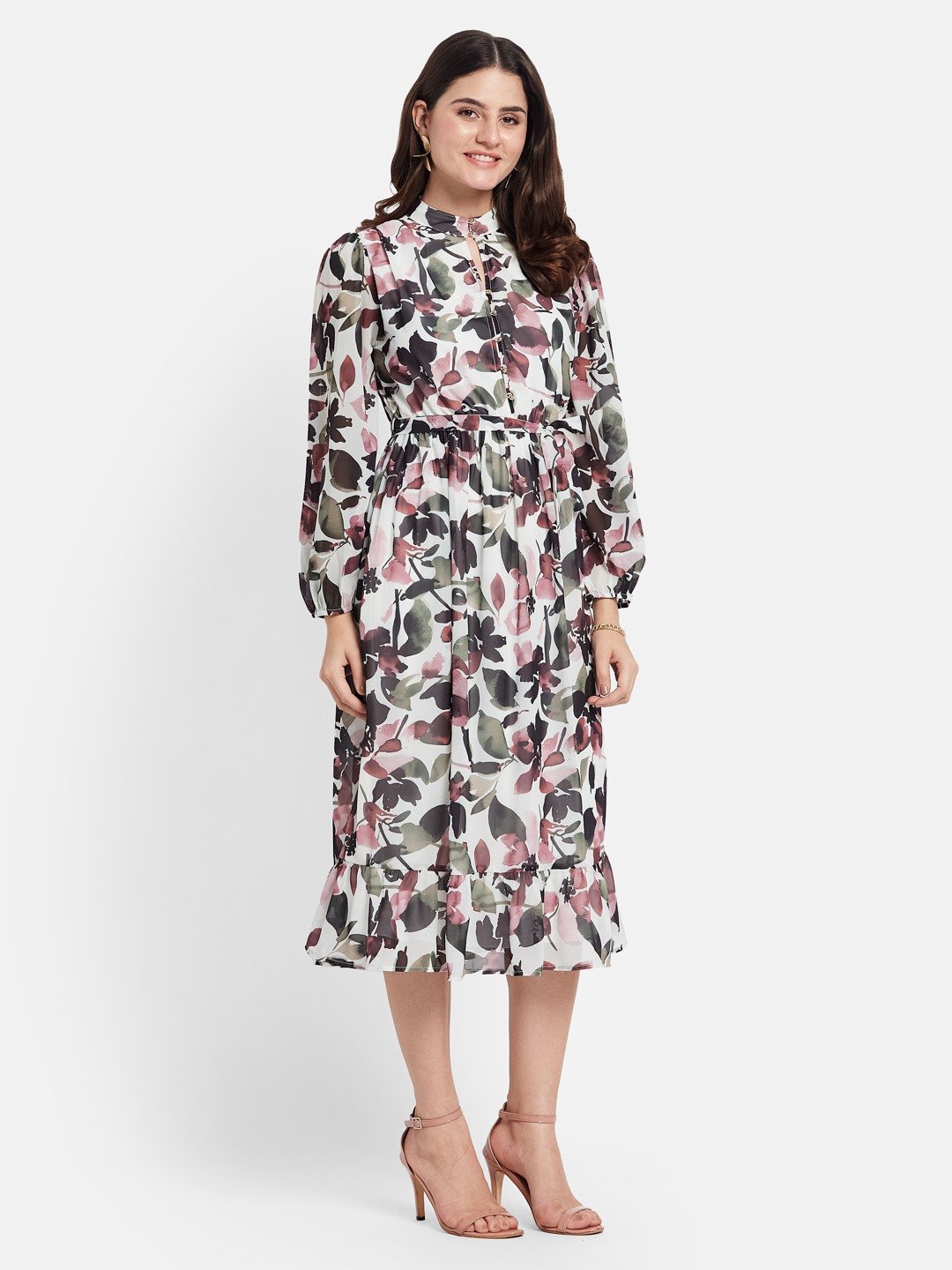 METTLE Floral Printed Mock Neck Puff Sleeves Cotton Fit & Flare Midi Dress
