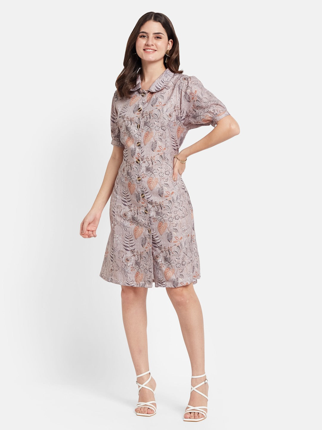 METTLE Women Floral Printed Puff Sleeves Cotton Shirt Dress
