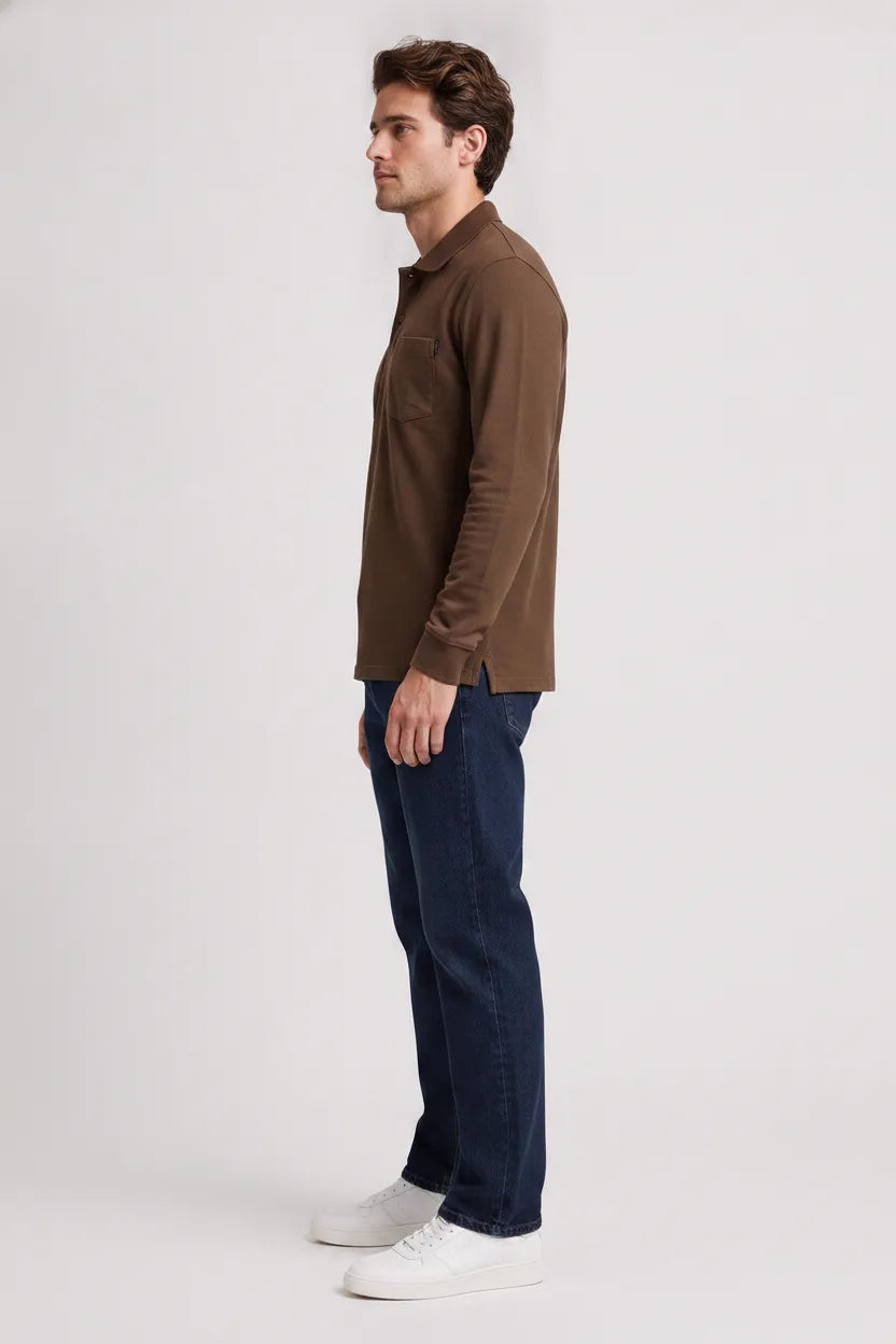 Men's Tan Full Sleeve Cotton Pique Polo T-Shirt | Premium Pre-Winter Casual Polo
