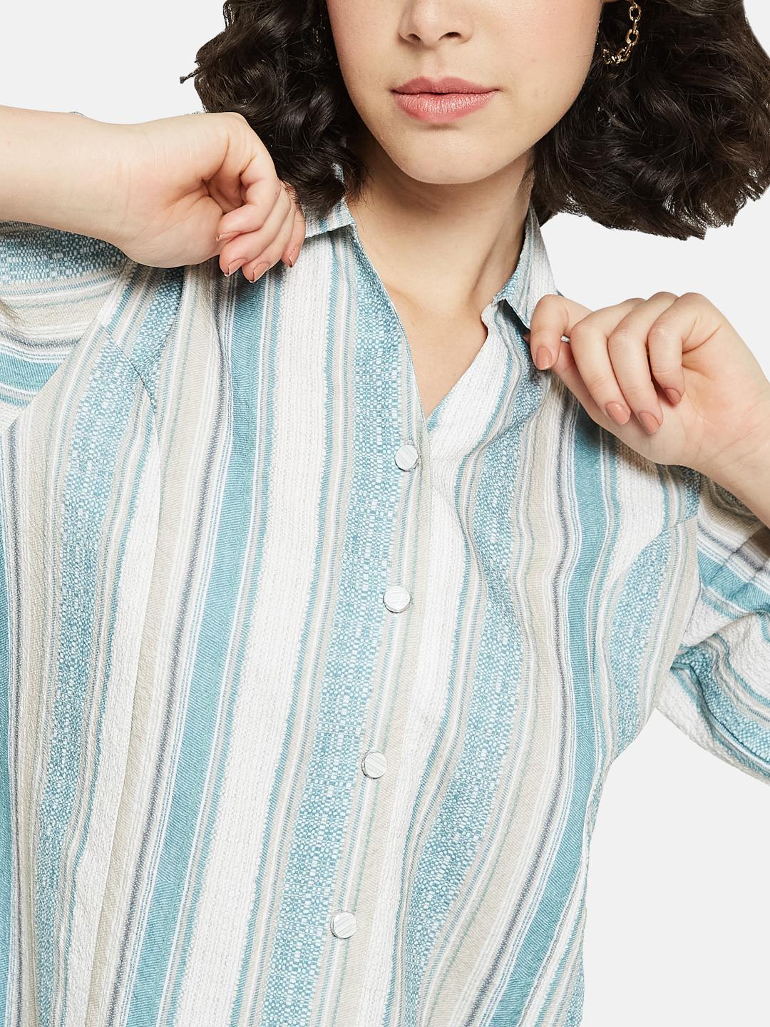 METTLE Women Spread Collar Vertical Striped Cotton Casual Shirt